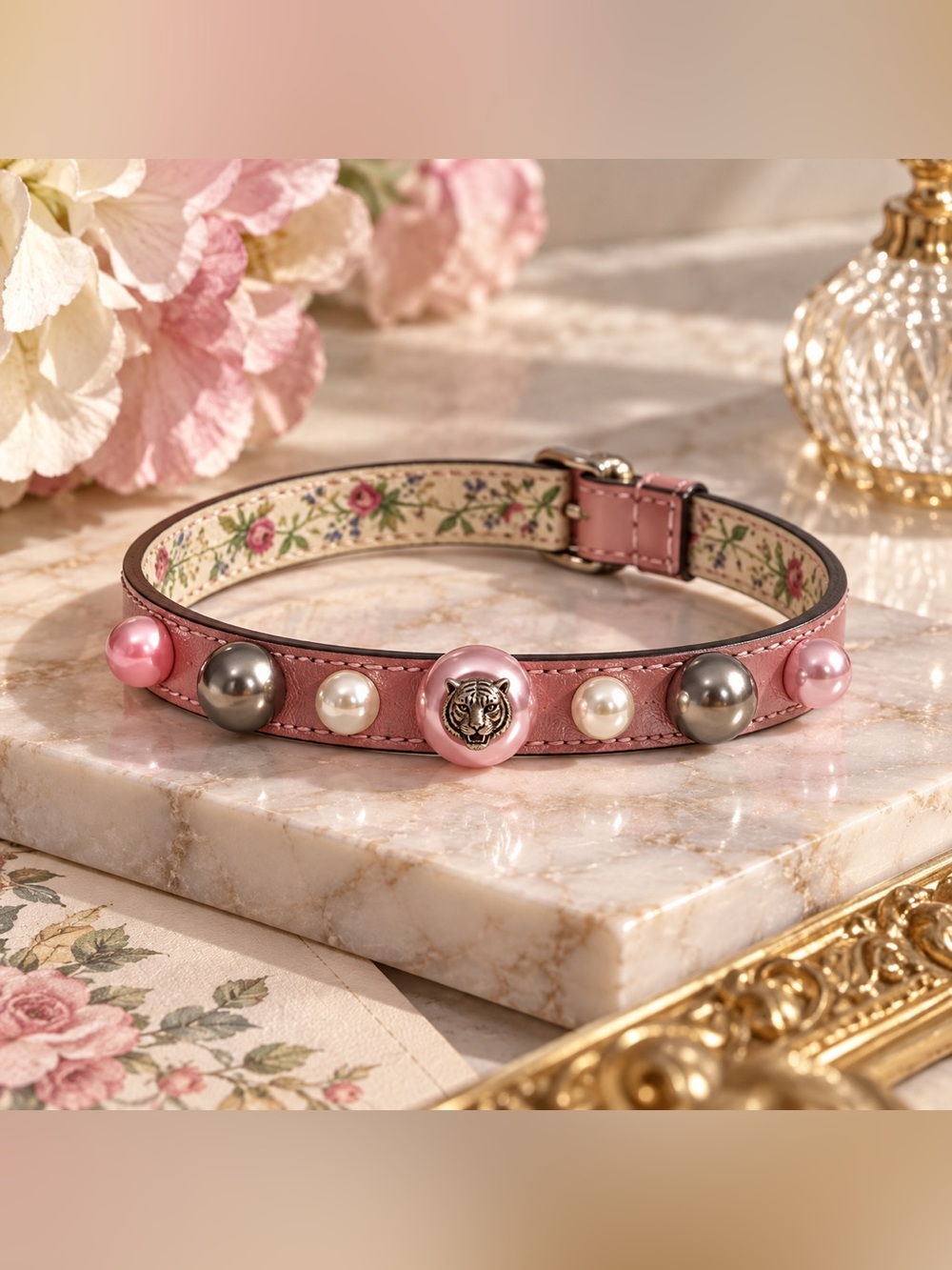 GUCCI rare tiger pearl floral leather bracelet